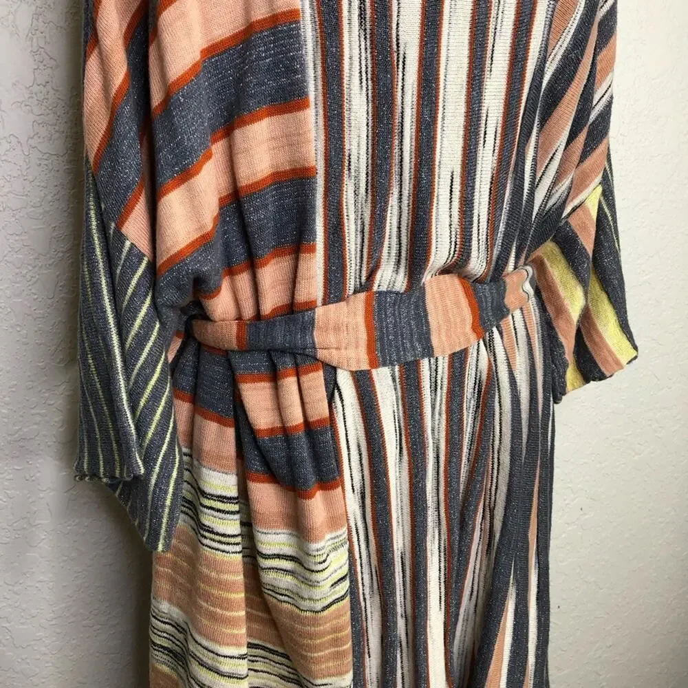 Free People Horizon‎ white blue orange mixed stripe belted knit dress size Small